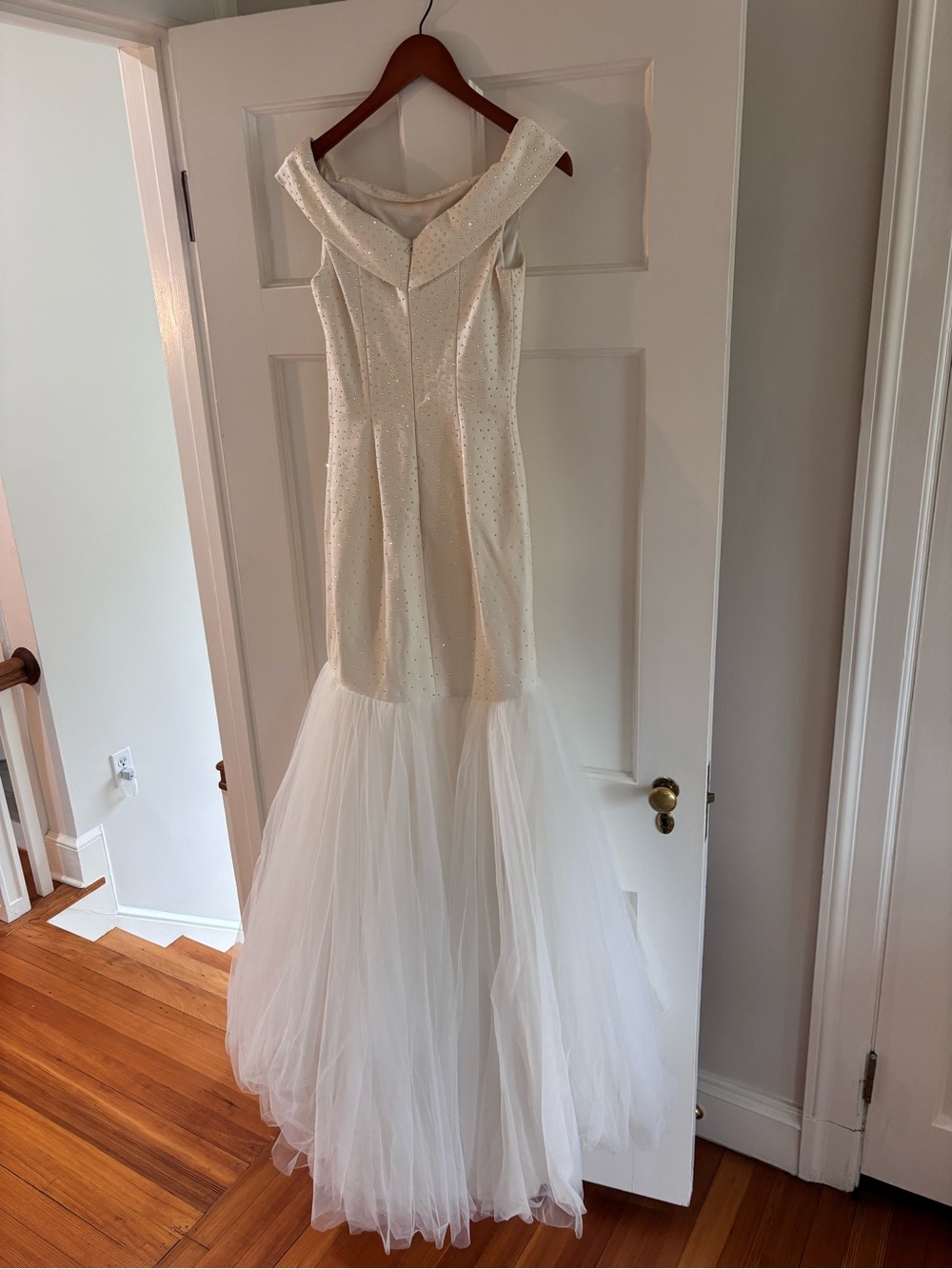 Sherri Hill  Sequence & beaded Off-Shoulder Tulle Gown. Ivory/ white